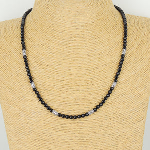 4mm Bright Black Onyx Healing Gemstone Necklace with S925 Sterling Silver Barrel Beads & Clasp - Handmade by Gem & Silver NK114