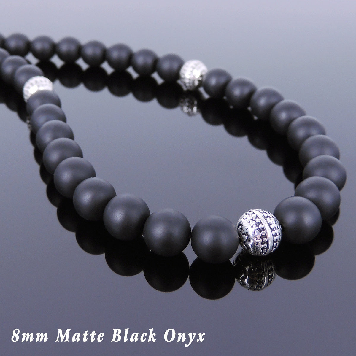 8mm Matte Black Onyx Healing Gemstone Necklace with S925 Sterling Silver Artisan Beads & S-Hook Clasp - Handmade by Gem & Silver NK117