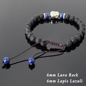 6mm Lava Rock & Lapis Lazuli Adjustable Braided Stone Bracelet with Tibetan Silver Spacers & Guanyin Buddha Bead - Handmade by Gem & Silver TSB213