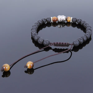 6mm Brown Tiger Eye & Lava Rock Adjustable Braided Stone Bracelet with Tibetan Silver Spacers & Guanyin Buddha Bead - Handmade by Gem & Silver TSB214