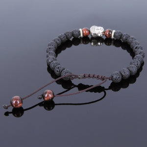 6mm Red Tiger Eye & Lava Rock Adjustable Braided Stone Bracelet with Tibetan Silver Spacers & Guanyin Buddha Bead - Handmade by Gem & Silver TSB215