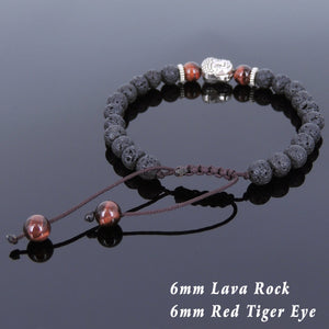 6mm Red Tiger Eye & Lava Rock Adjustable Braided Stone Bracelet with Tibetan Silver Spacers & Guanyin Buddha Bead - Handmade by Gem & Silver TSB215