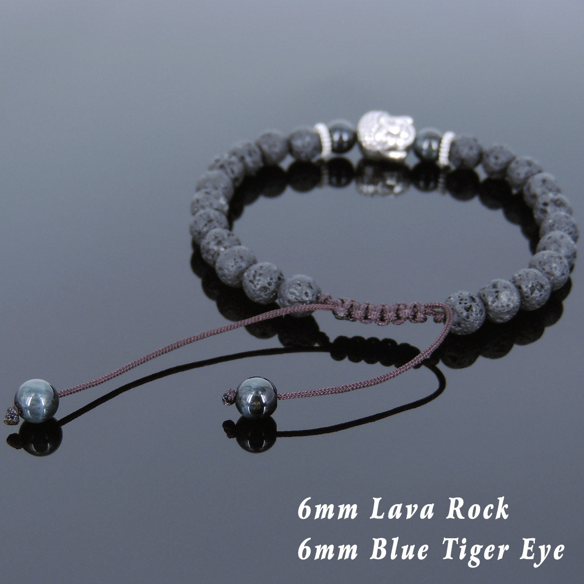 6mm Blue Tiger Eye & Lava Rock Adjustable Braided Stone Bracelet with Tibetan Silver Spacers & Guanyin Buddha Bead - Handmade by Gem & Silver TSB216