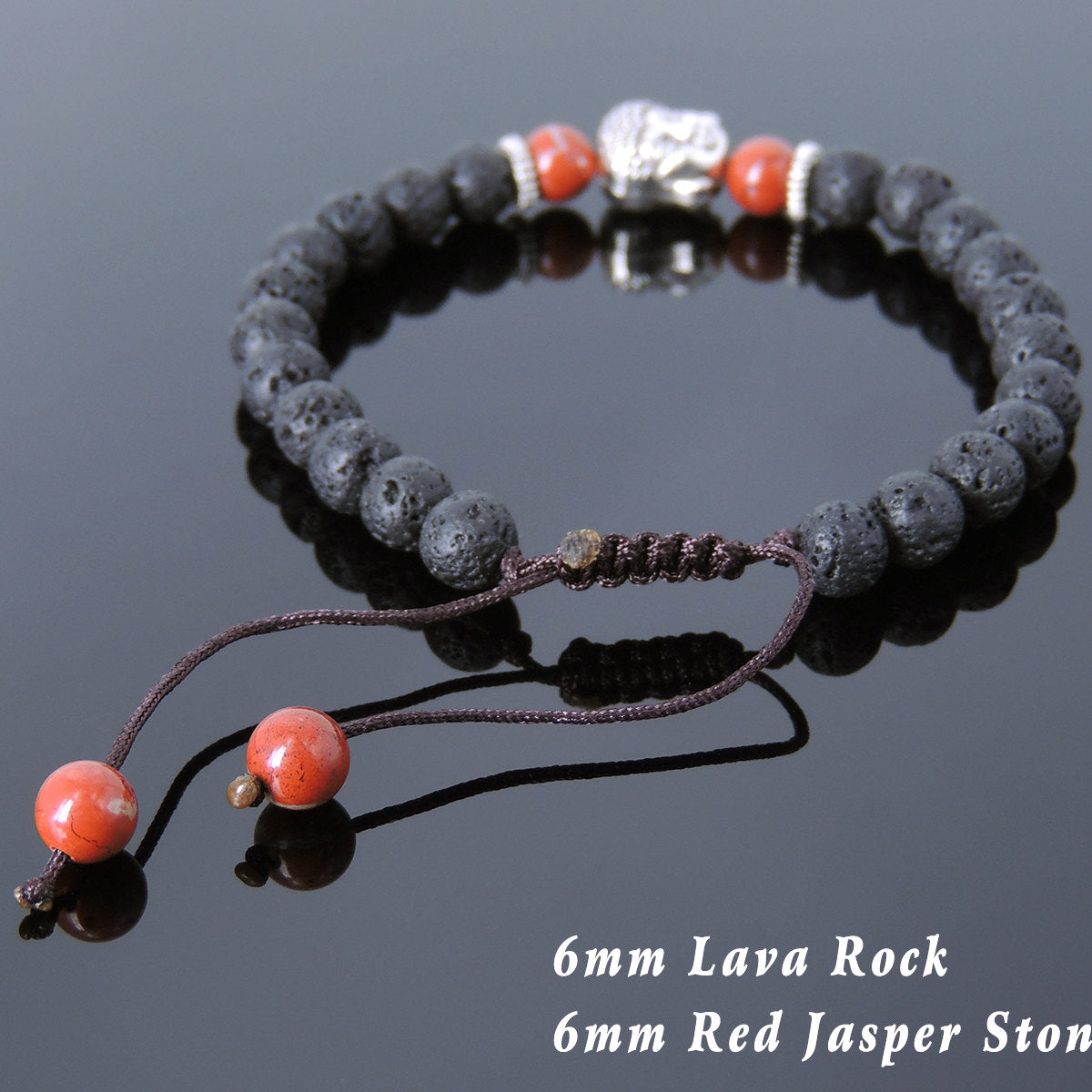 6mm Red Jasper & Lava Rock Adjustable Braided Stone Bracelet with Tibetan Silver Spacers & Guanyin Buddha Bead - Handmade by Gem & Silver TSB218