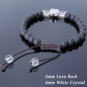 6mm White Crystal Quartz & Lava Rock Adjustable Braided Stone Bracelet with Tibetan Silver Spacers & Guanyin Buddha Bead - Handmade by Gem & Silver TSB222