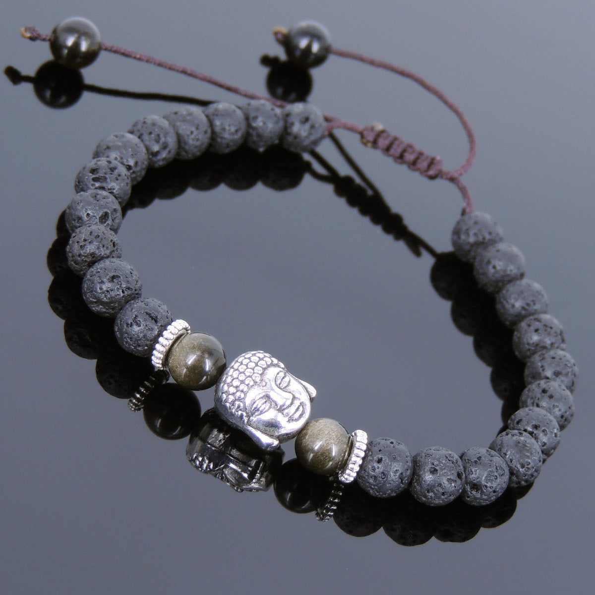 6mm Golden Obsidian & Lava Rock Adjustable Braided Stone Bracelet with Tibetan Silver Spacers & Guanyin Buddha Bead - Handmade by Gem & Silver TSB223