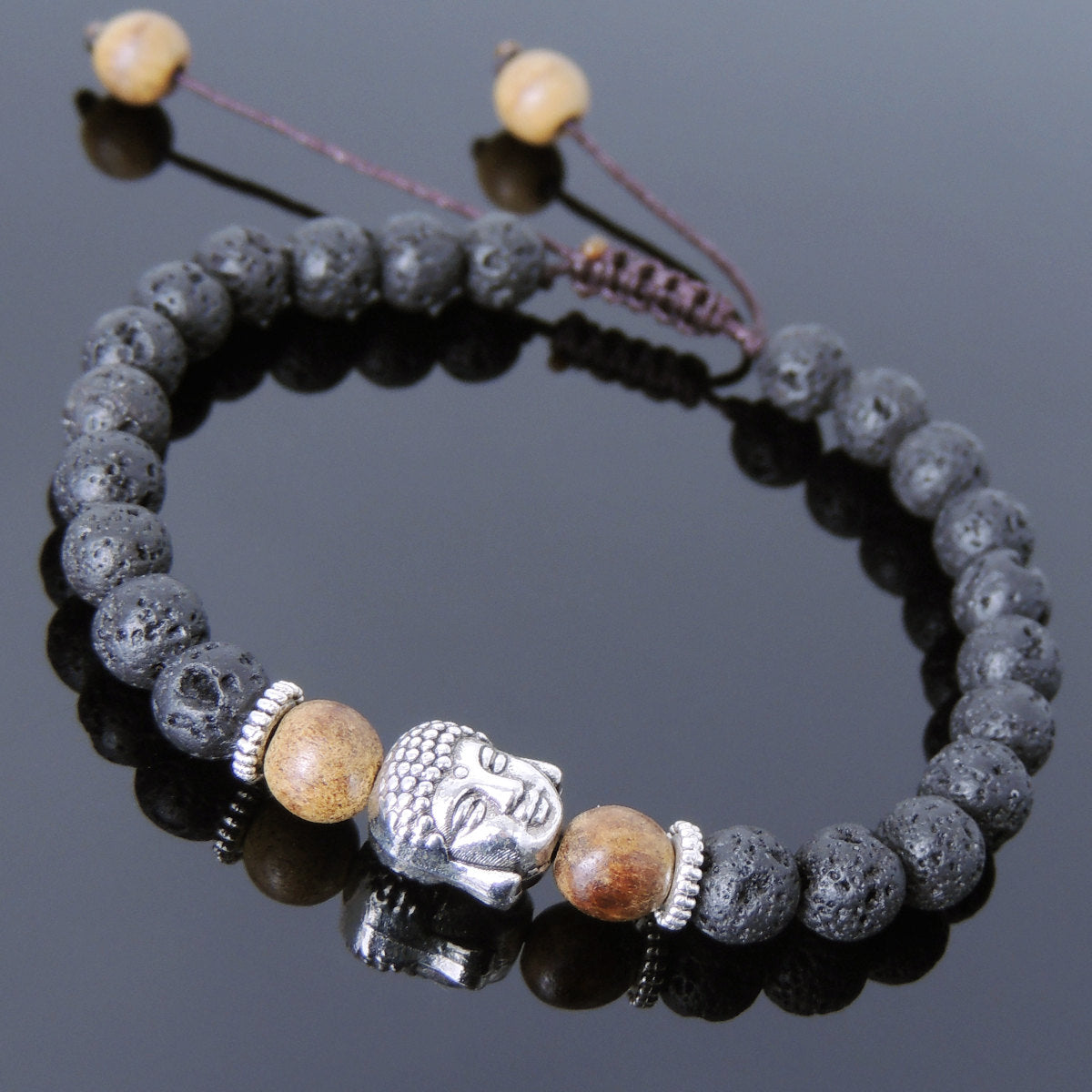 6mm Lava Rock & Agarwood Braided Adjustable Meditation Bracelet with Tibetan Silver Spacers & Sakyamuni Buddha Bead - Handmade by Gem & Silver TSB225