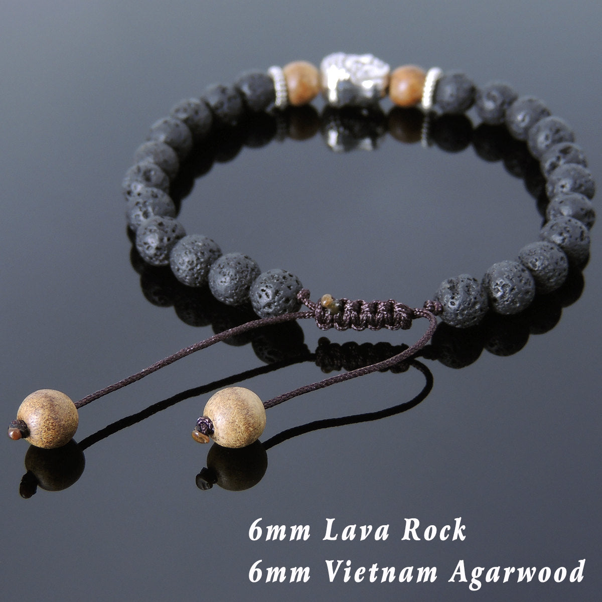 6mm Lava Rock & Agarwood Braided Adjustable Meditation Bracelet with Tibetan Silver Spacers & Sakyamuni Buddha Bead - Handmade by Gem & Silver TSB225