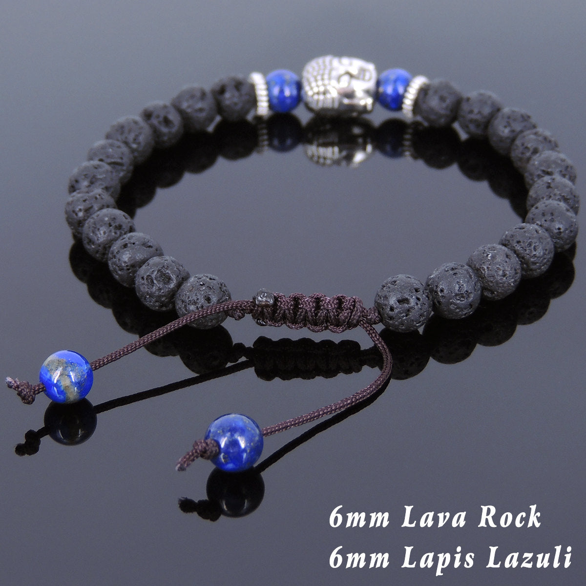 6mm Lapis Lazuli & Lava Rock Adjustable Braided Stone Bracelet with Tibetan Silver Spacers & Sakyamuni Buddha Bead - Handmade by Gem & Silver TSB226