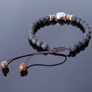 6mm Brown Tiger Eye & Lava Rock Adjustable Braided Stone Bracelet with Tibetan Silver Spacers & Sakyamuni Buddha Bead - Handmade by Gem & Silver TSB227