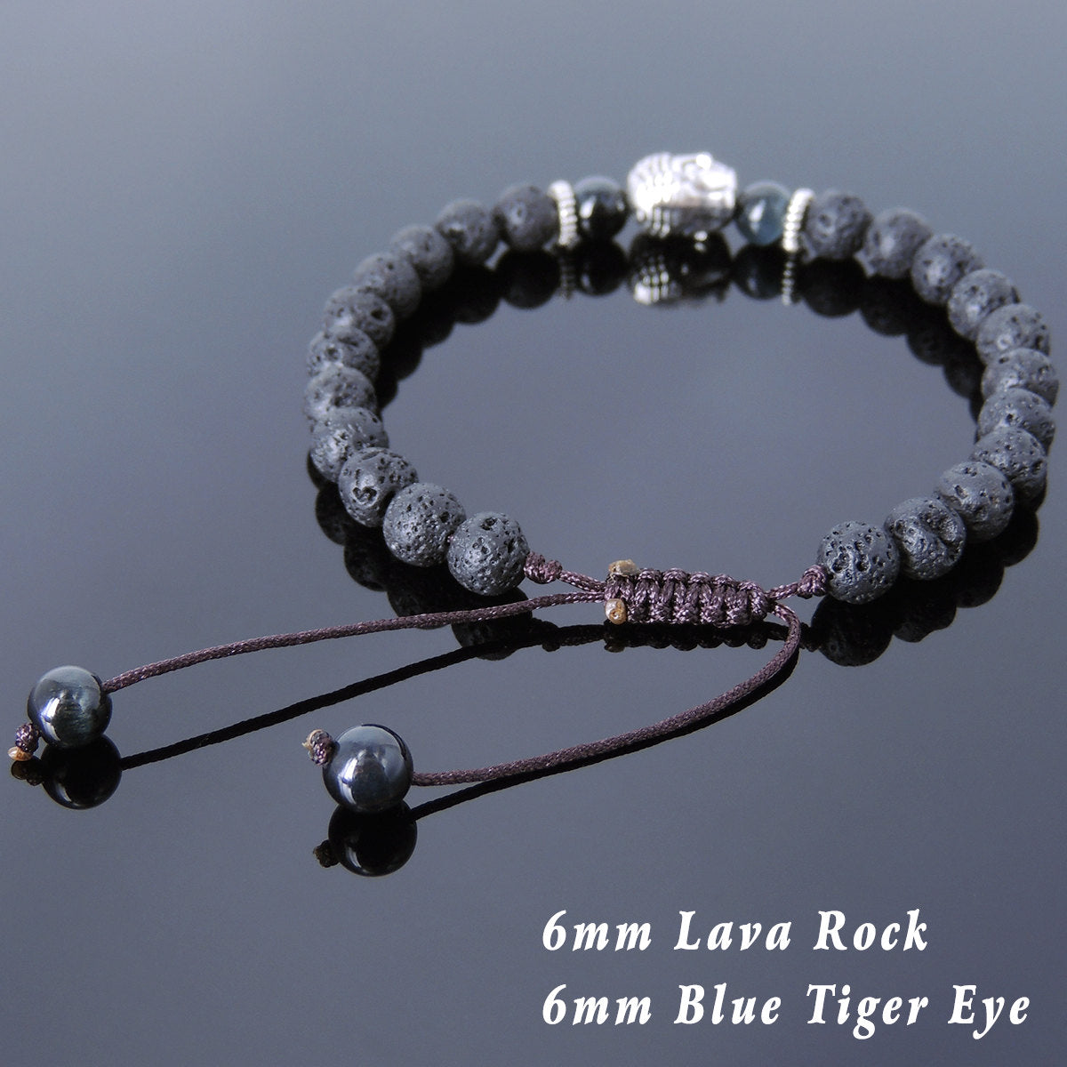 6mm Blue Tiger Eye & Lava Rock Adjustable Braided Stone Bracelet with Tibetan Silver Spacers & Sakyamuni Buddha Bead - Handmade by Gem & Silver TSB229