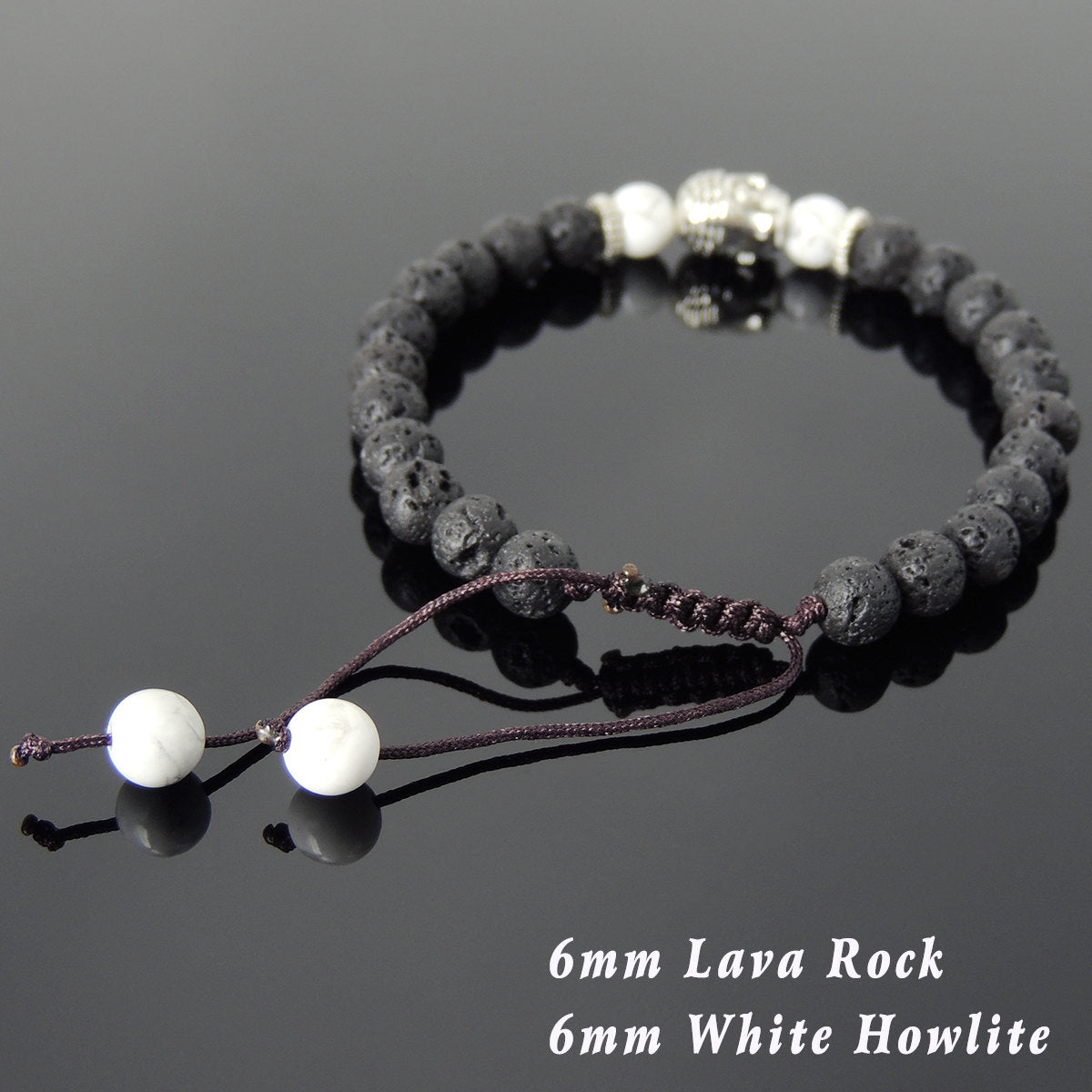 6mm White Howlite & Lava Rock Adjustable Braided Stone Bracelet with Tibetan Silver Spacers & Sakyamuni Buddha Bead - Handmade by Gem & Silver TSB230