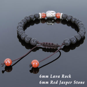6mm Red Jasper & Lava Rock Adjustable Braided Stone Bracelet with Tibetan Silver Spacers & Sakyamuni Buddha Bead - Handmade by Gem & Silver TSB231