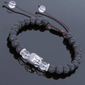 6mm White Crystal Quartz & Lava Rock Adjustable Braided Stone Bracelet with Tibetan Silver Spacers & Sakyamuni Buddha Bead - Handmade by Gem & Silver TSB235