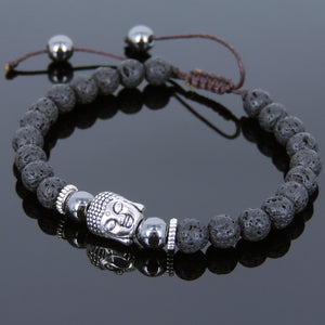 6mm Hematite & Lava Rock Adjustable Braided Stone Bracelet with Tibetan Silver Spacers & Sakyamuni Buddha Bead - Handmade by Gem & Silver TSB237