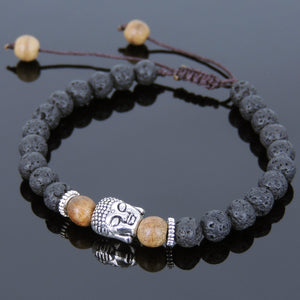 Lava Rock & Agarwood Braided Adjustable Meditation Bracelet with Tibetan Silver Spacers & Guanyin Buddha Bead - Handmade by Gem & Silver TSB238