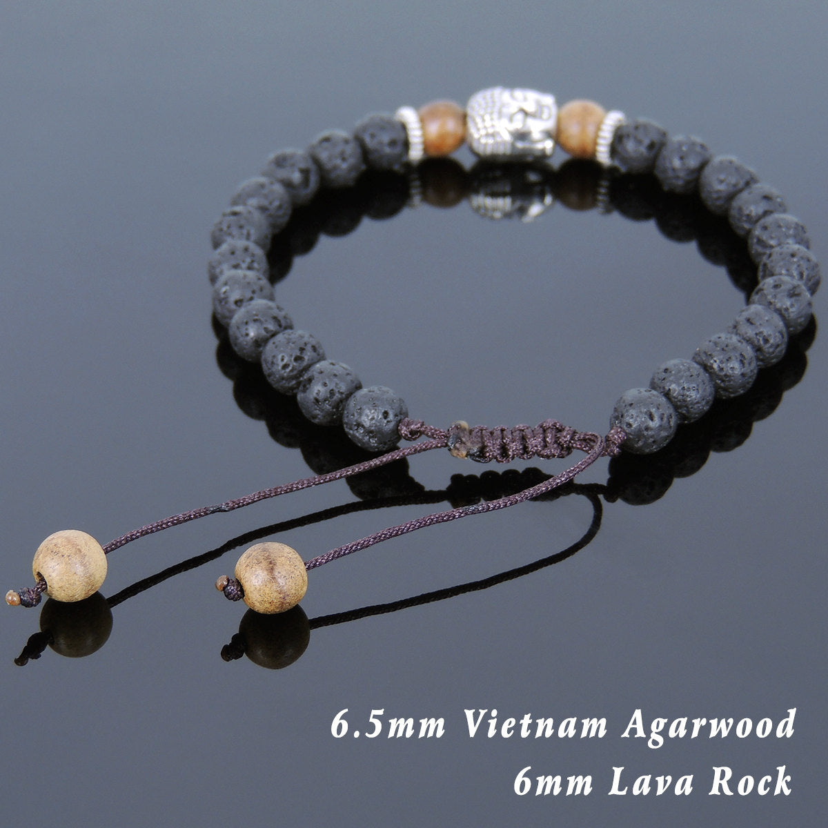 Lava Rock & Agarwood Braided Adjustable Meditation Bracelet with Tibetan Silver Spacers & Guanyin Buddha Bead - Handmade by Gem & Silver TSB238
