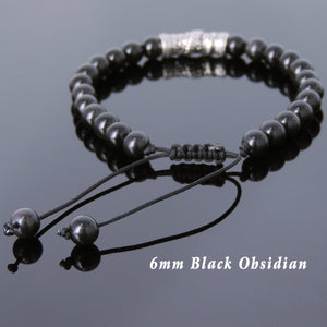 6mm Rainbow Black Obsidian Adjustable Braided Gemstone Bracelet with S925 Sterling Silver Dragon Charm - Handmade by Gem & Silver BR788