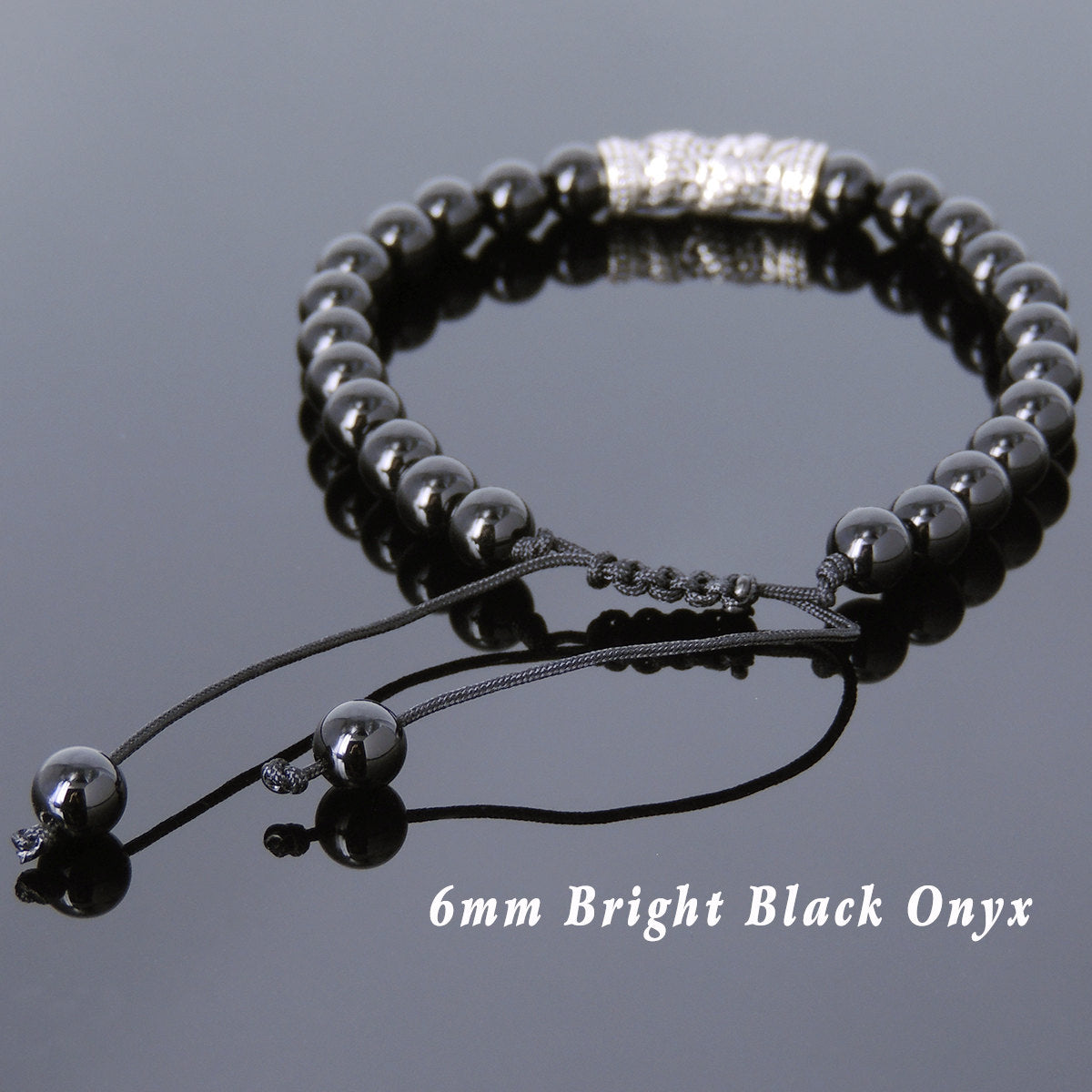 6mm Bright Black Onyx Adjustable Braided Gemstone Bracelet with S925 Sterling Silver Dragon Charm - Handmade by Gem & Silver BR789