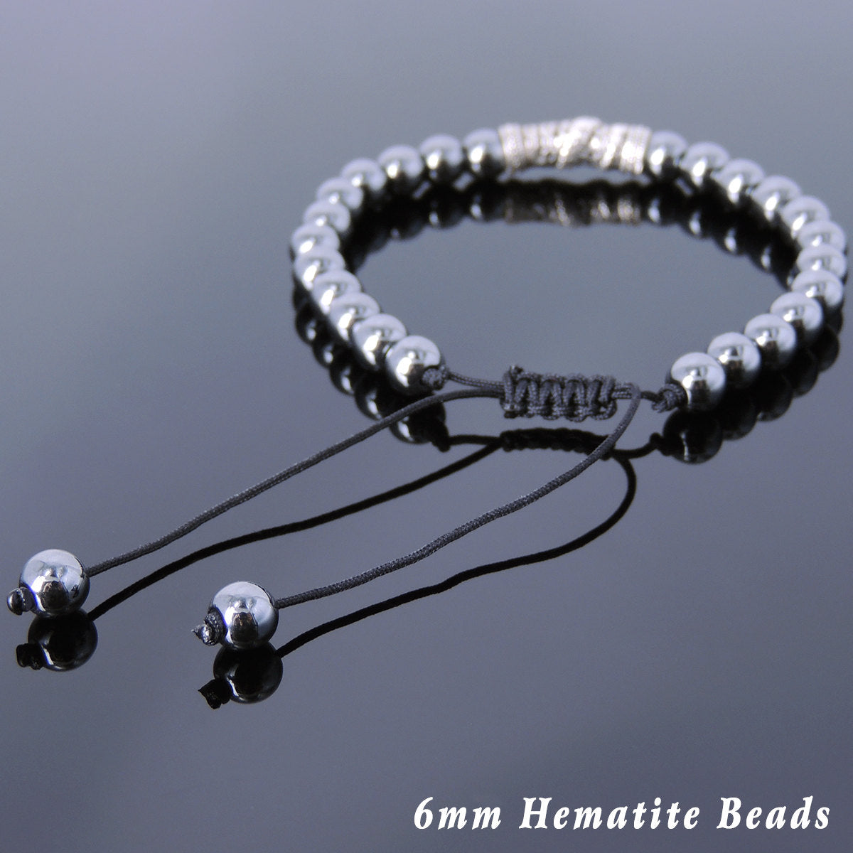 6mm Hematite Adjustable Braided Gemstone Bracelet with S925 Sterling Silver Dragon Charm - Handmade by Gem & Silver BR794
