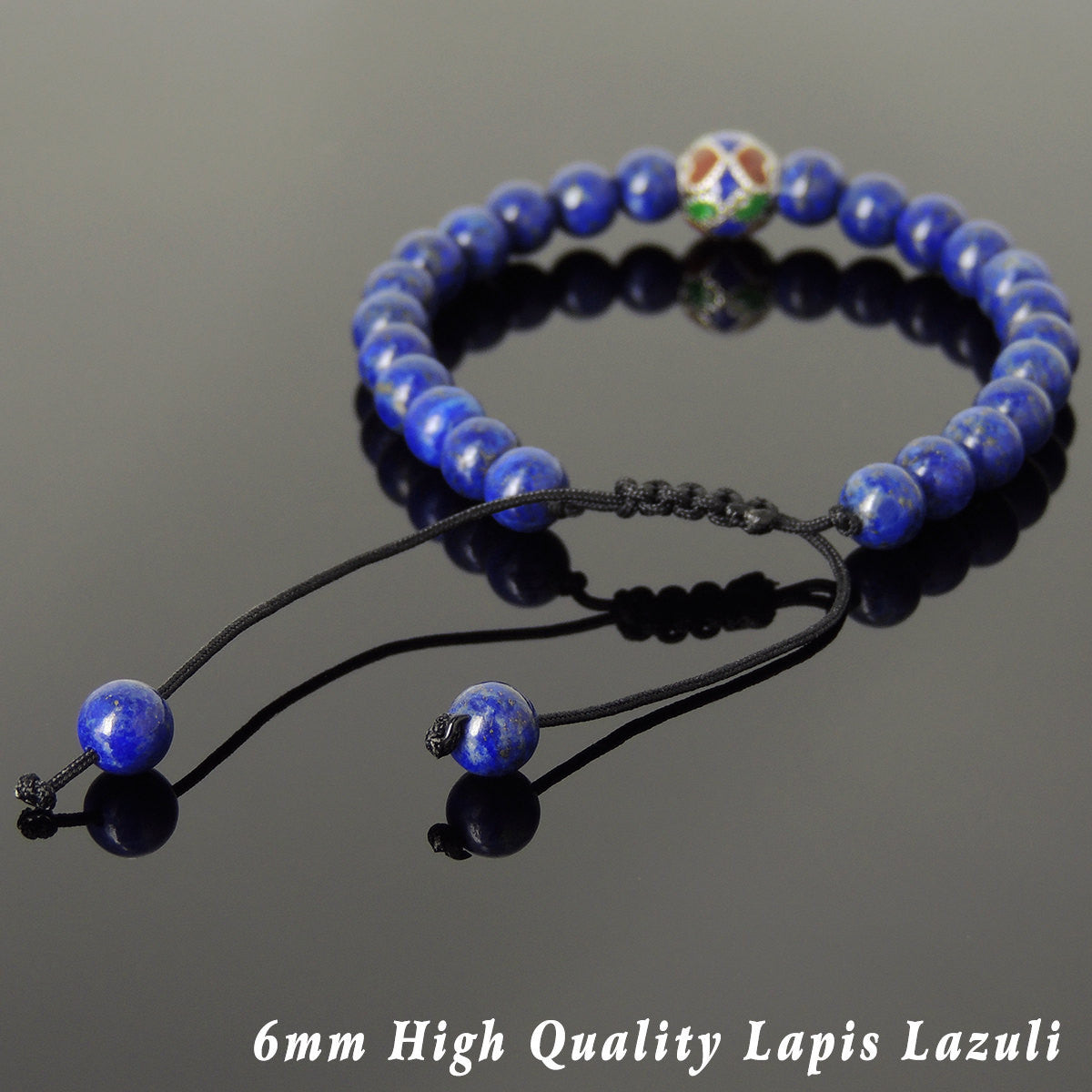 6mm Lapis Lazuli Adjustable Braided Bracelet with S925 Sterling Silver Round Hand Painted Bead - Handmade by Gem & Silver BR799