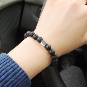Lava Rock Adjustable Braided Stone Bracelet with S925 Sterling Silver Cube Bead - Handmade by Gem & Silver BR800