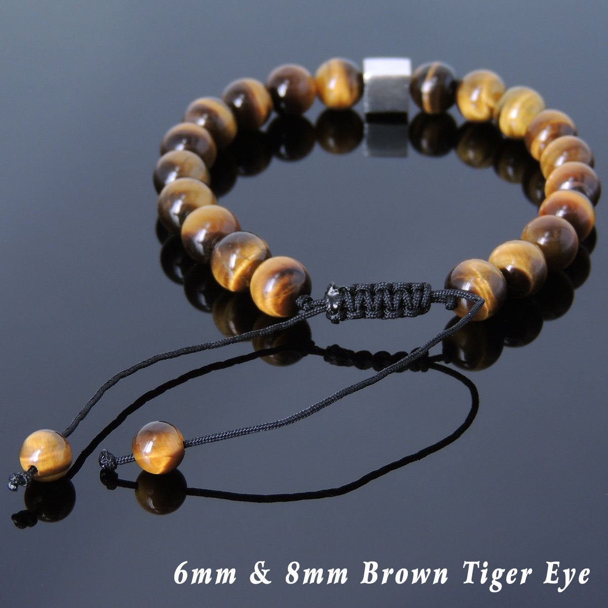 Brown Tiger Eye Adjustable Braided Gemstone Bracelet with S925 Sterling Silver Cube Bead - Handmade by Gem & Silver BR801