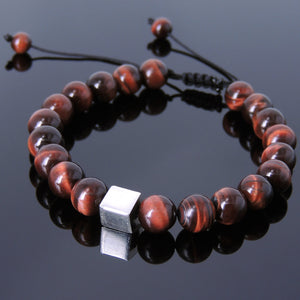 Red Tiger Eye Adjustable Braided Gemstone Bracelet with S925 Sterling Silver Cube Bead - Handmade by Gem & Silver BR802