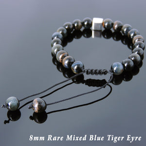 Rare Mixed Blue Tiger Eye Adjustable Braided Gemstone Bracelet with S925 Sterling Silver Cube Bead - Handmade by Gem & Silver BR803