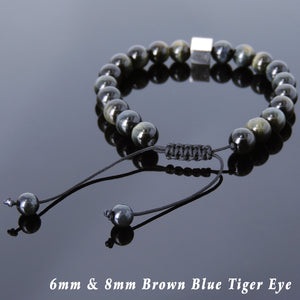 Brown Blue Tiger Eye Adjustable Braided Healing Gemstone Bracelet with S925 Sterling Silver Cube Balance Bead - Handmade by Gem & Silver BR804