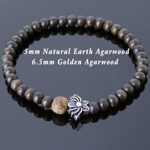 Golden & Earth Vietnam Agarwood Bracelet for Prayer & Meditation with S925 Sterling Silver Vintage Lotus Bead - Handmade by Gem & Silver BR714