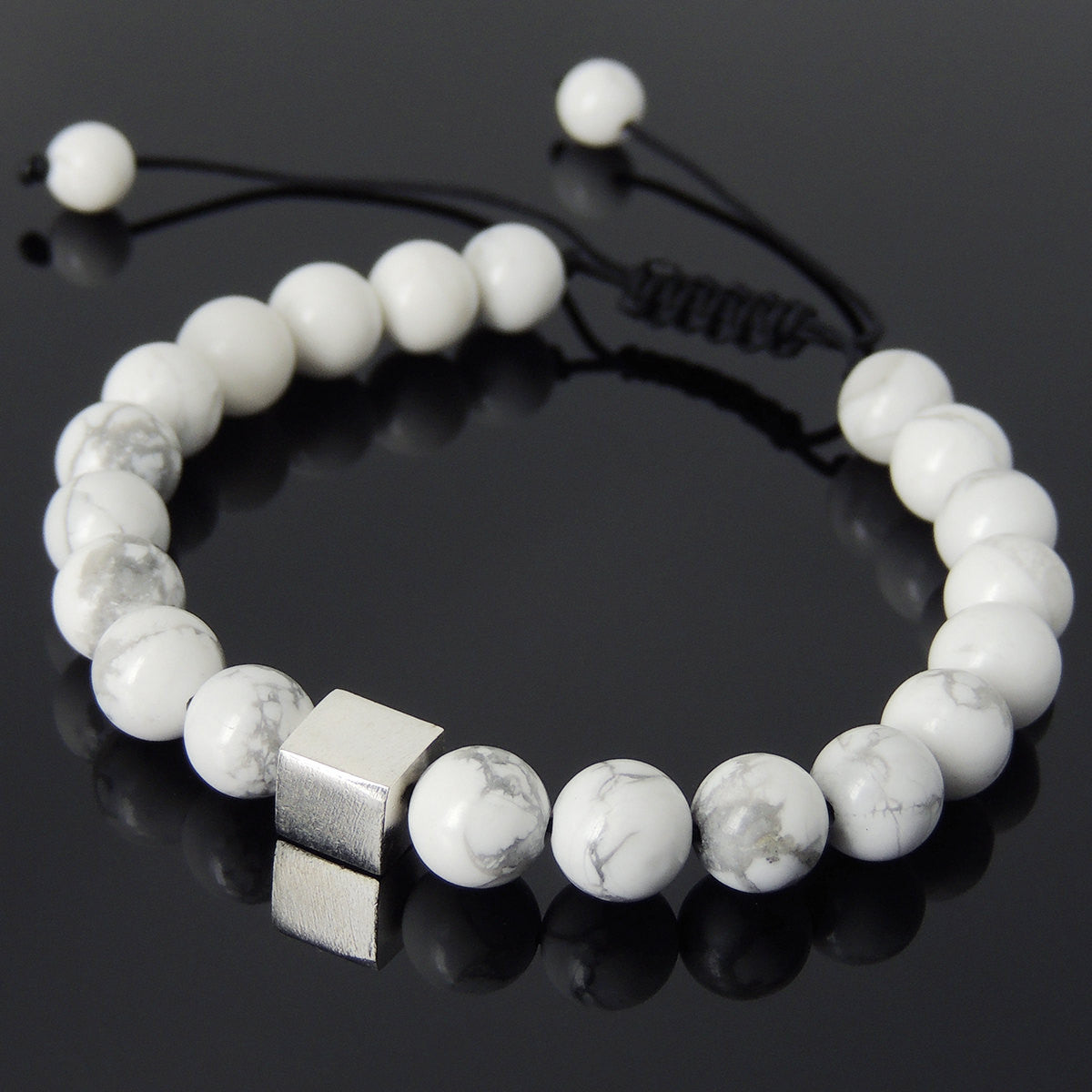 White Howlite Adjustable Braided Gemstone Bracelet with S925 Sterling Silver Cube Bead - Handmade by Gem & Silver BR807