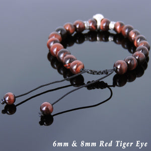 8mm Red Tiger Eye Adjustable Braided Gemstone Bracelet with S925 Sterling Silver Protection Skull Charm & Celtic Spacers - Handmade by Gem & Silver BR815