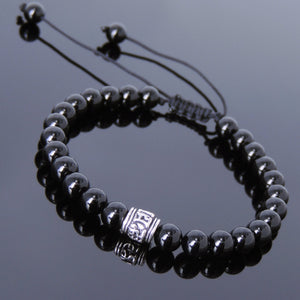 6mm Bright Black Onyx Adjustable Braided Bracelet with S925 Sterling Silver OM Meditation Cylinder Bead - Handmade by Gem & Silver BR818