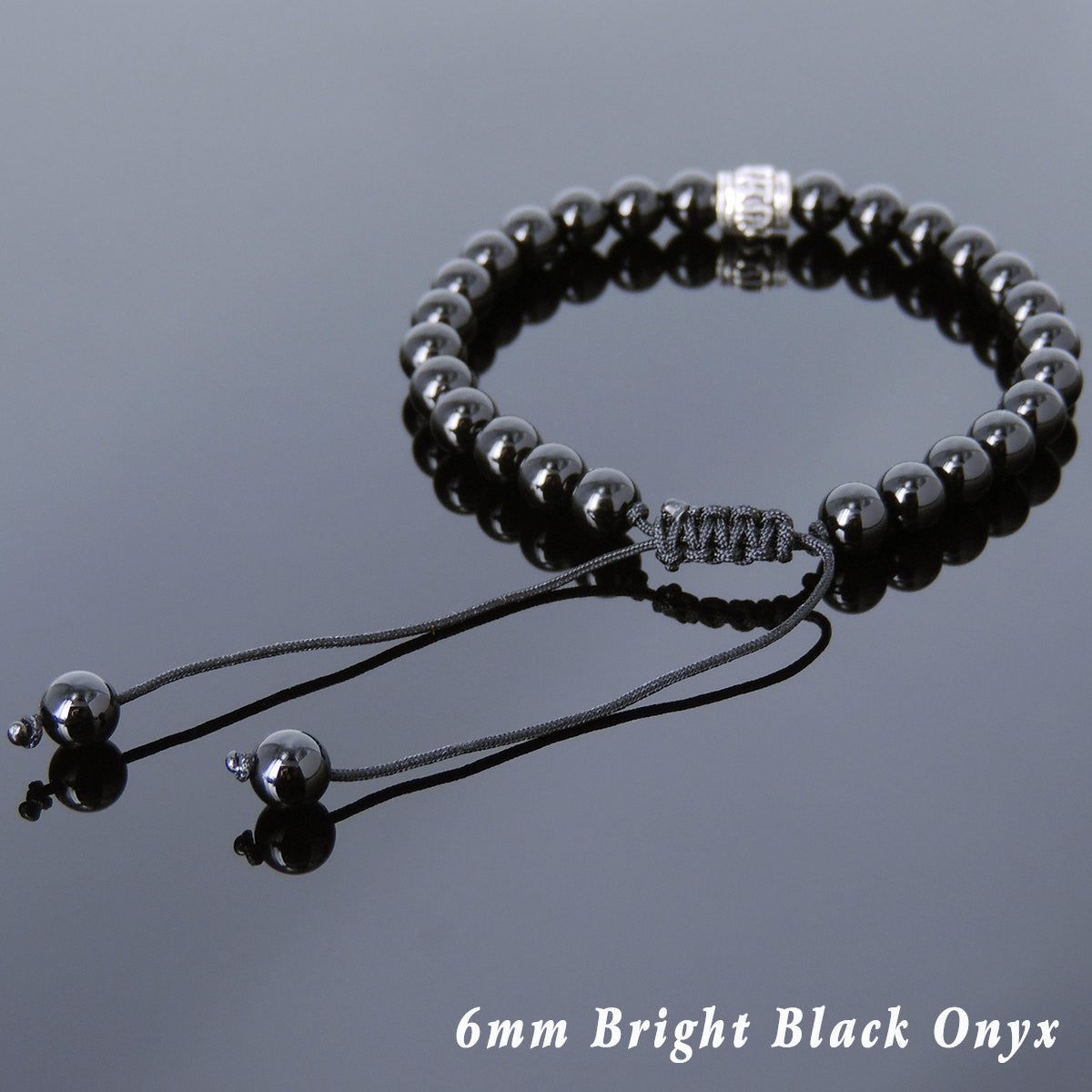 6mm Bright Black Onyx Adjustable Braided Bracelet with S925 Sterling Silver OM Meditation Cylinder Bead - Handmade by Gem & Silver BR818