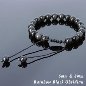 8mm & 6mm Rainbow Black Obsidian Adjustable Braided Bracelet - Handmade by Gem & Silver BR819