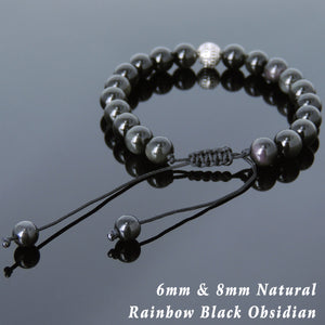 Rainbow Black Obsidian Adjustable Braided Bracelet with S925 Sterling Silver Center Protection Bead - Handmade by Gem & Silver BR826