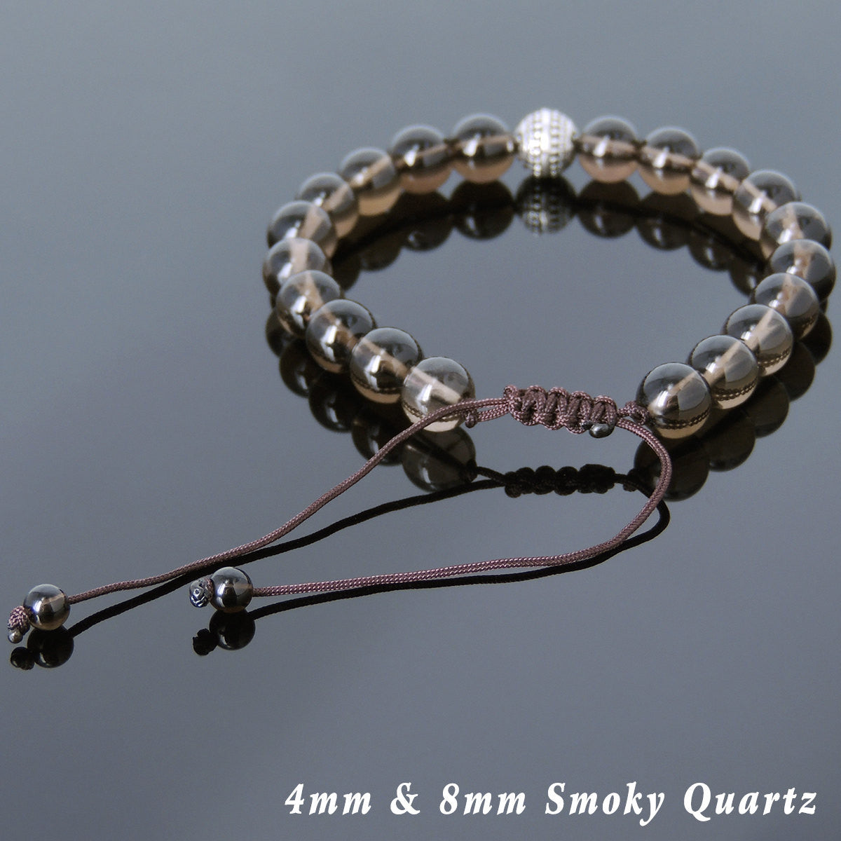 Smoky Quartz Adjustable Braided Healing Gemstone Bracelet with S925 Sterling Silver Artisan Bead - Handmade by Gem & Silver BR827