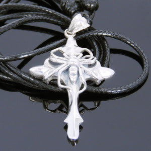 Adjustable Wax Rope Necklace with S925 Sterling Silver Gothic Cross Pendant - Handmade by Gem & Silver NK120
