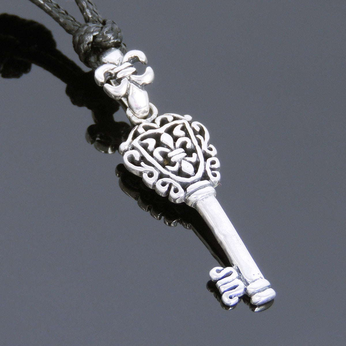 Adjustable Wax Rope Necklace with S925 Sterling Silver Fleur de Lis Coat of Arms Key Pendant - Handmade by Gem & Silver NK121