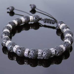 8mm Lava Rock Adjustable Braided Stone Bracelet with S925 Sterling Silver Buddhist Protection Spacer Beads - Handmade by Gem & Silver BR860
