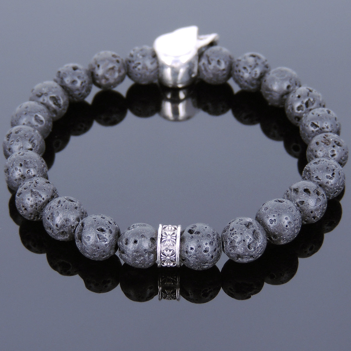 Lava Rock Healing Stone Bracelet with S925 Sterling Silver Skull Bead & Cross Spacer - Handmade by Gem & Silver BR728