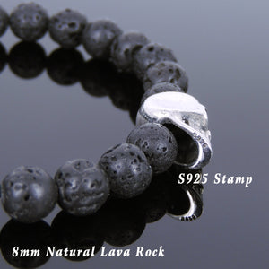 Lava Rock Healing Stone Bracelet with S925 Sterling Silver Skull Bead & Cross Spacer - Handmade by Gem & Silver BR728