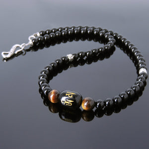 Bright Black Onyx & Brown Tiger Eye Healing Gemstone Necklace with S925 Sterling Silver OM Meditation Beads & Clasp - Handmade by Gem & Silver NK133