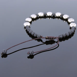 4mm Lava Rock Adjustable Braided Stone Bracelet with Tibetan Silver Engraved Lotus Beads - Handmade by Gem & Silver TSB240