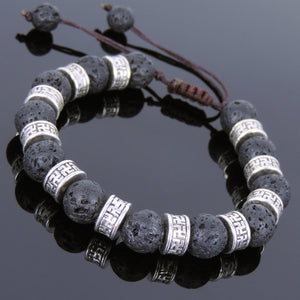 Lava Rock Adjustable Braided Stone Bracelet with Tibetan Silver Seamless Buddhism Protection Beads - Handmade by Gem & Silver TSB241