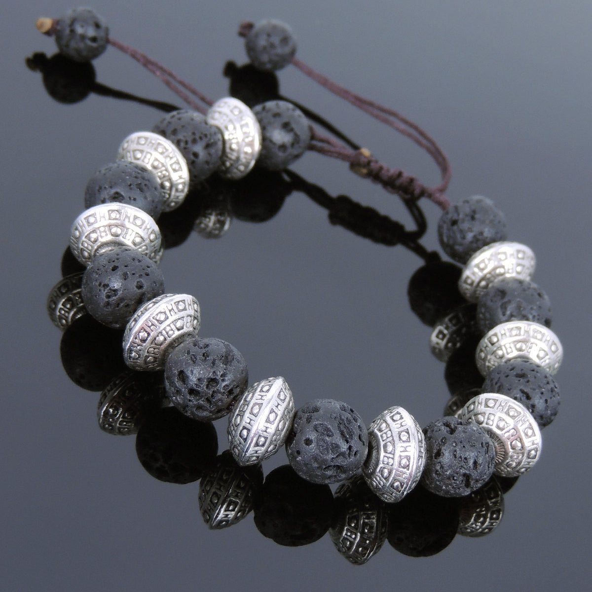 Lava Rock Adjustable Braided Stone Bracelet with Tibetan Silver Protection Spacer Beads - Handmade by Gem & Silver TSB242