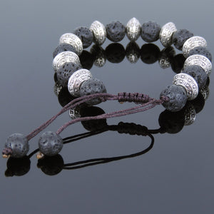 Lava Rock Adjustable Braided Stone Bracelet with Tibetan Silver Protection Spacer Beads - Handmade by Gem & Silver TSB242