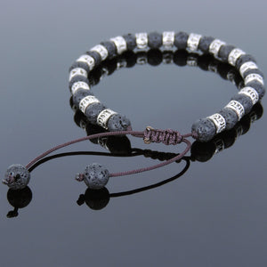 6mm Lava Rock Adjustable Braided Stone Bracelet with Tibetan Silver Buddhism OM Meditation Spacer Beads - Handmade by Gem & Silver TSB243