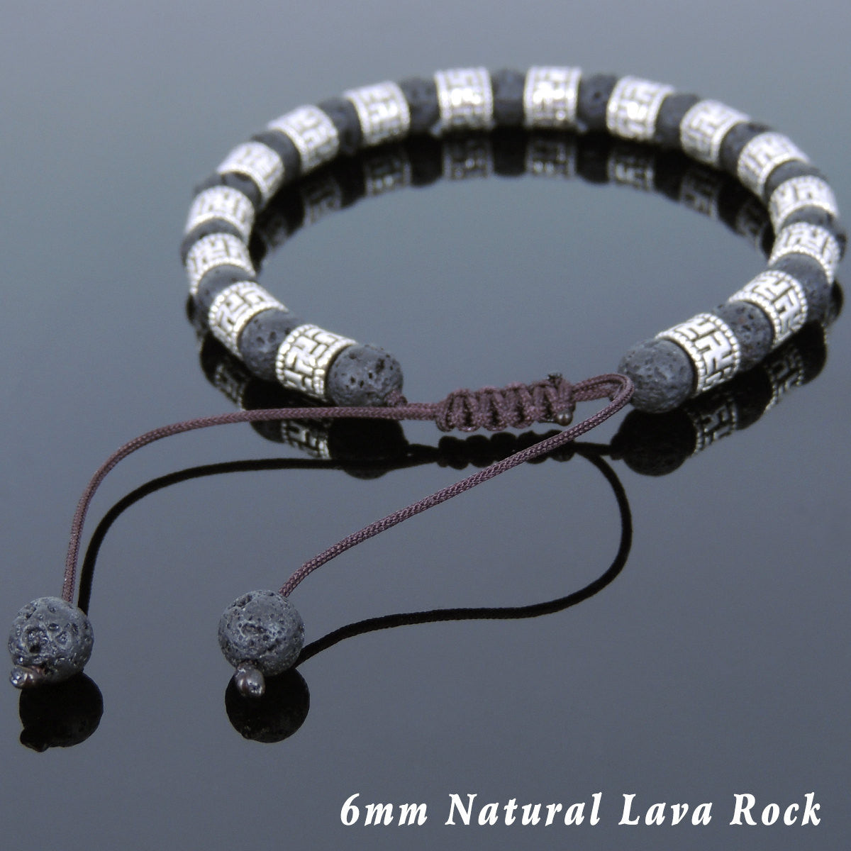 6mm Lava Rock Adjustable Braided Stone Bracelet with Tibetan Silver Buddhism Barrel Beads - Handmade by Gem & Silver TSB244
